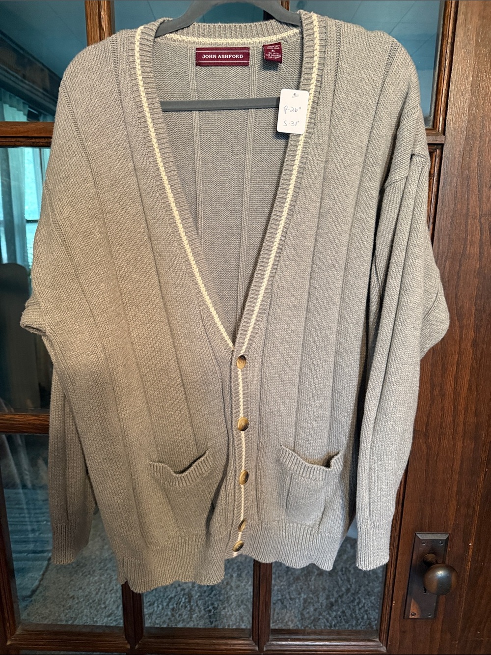 John Ashford Taupe Button-Front Cardigan with Cream Trim
